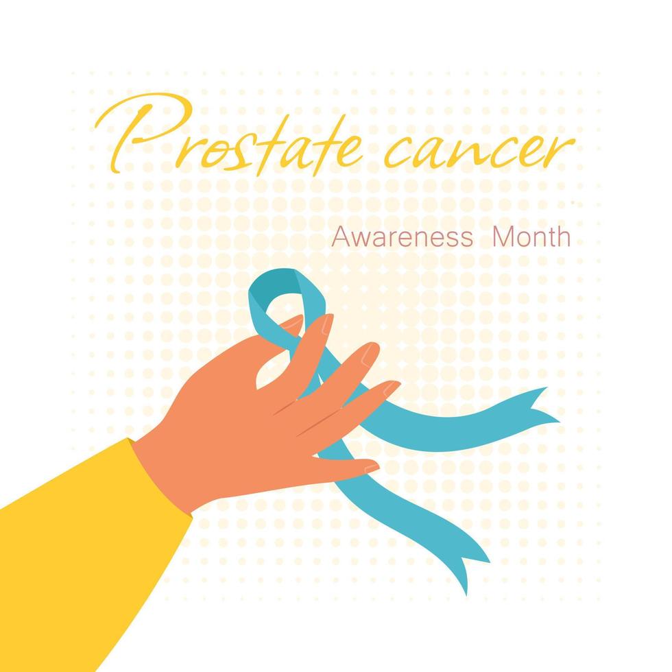 cinta azul en la mano símbolo de cáncer de próstata, banner vectorial. mes de concientización sobre el cáncer masculino vector