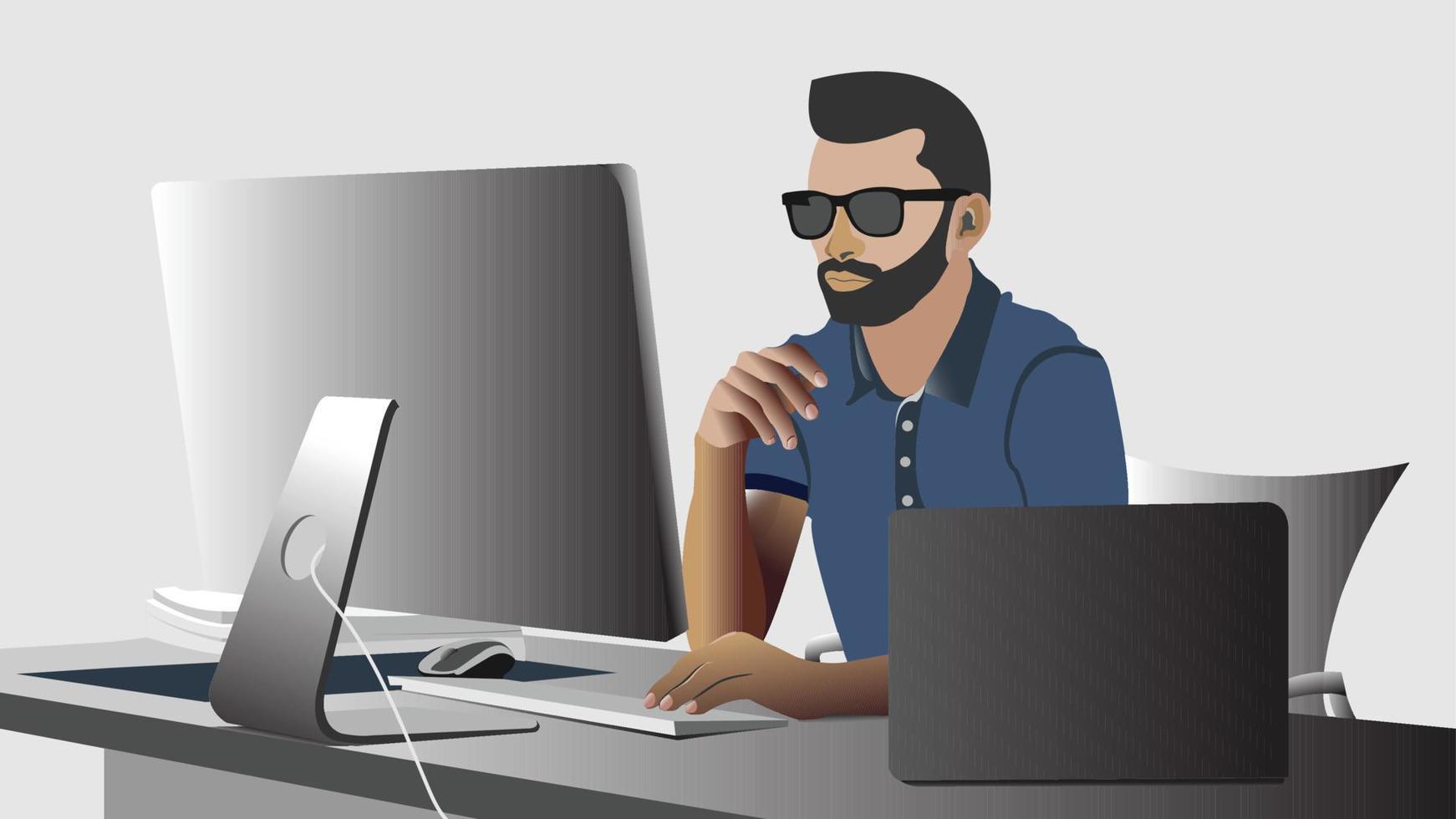 Business Man People Working in Workplace Office Company on Laptop Desktop Computer Flat Vector Illustration, Man Working Remote Job from Home Online