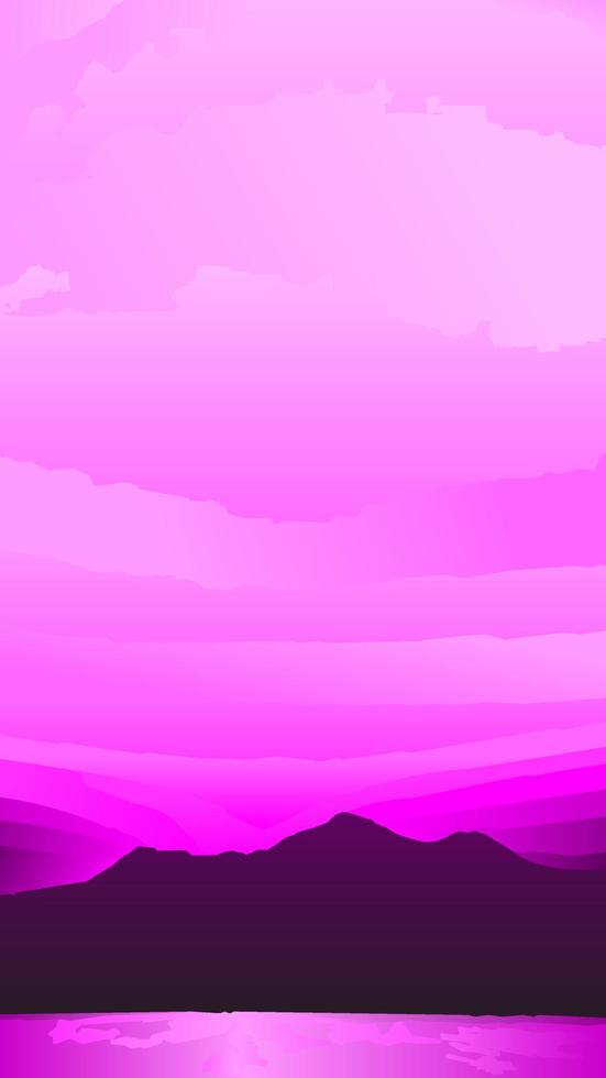 ilustración de vector de cielo de montaña magenta. vector de paisaje de nubes magenta para gráficos, papel tapiz, recursos, negocios, diseño o decoración. paisaje de nubes magenta vertical y montaña de reflejo del lago