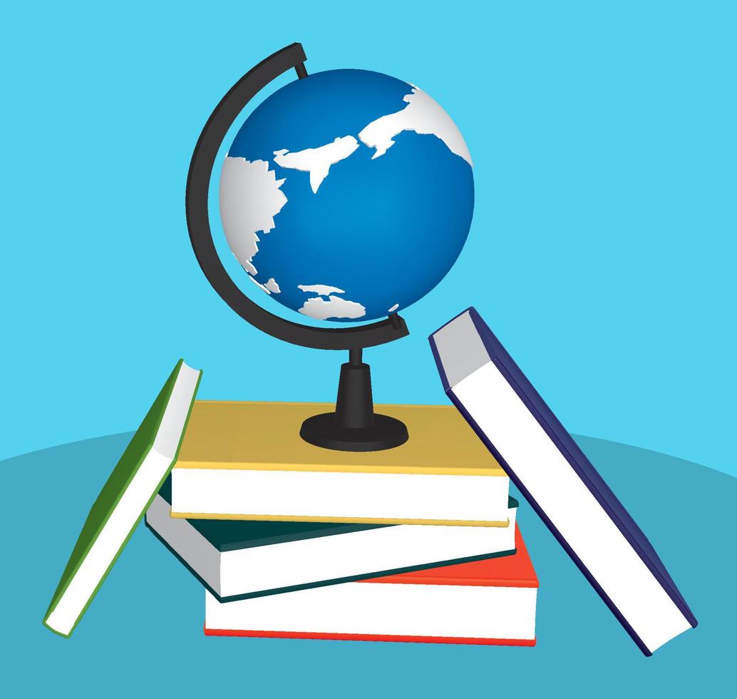 Stack of Books And World Globe Realistic 3d vector illustration