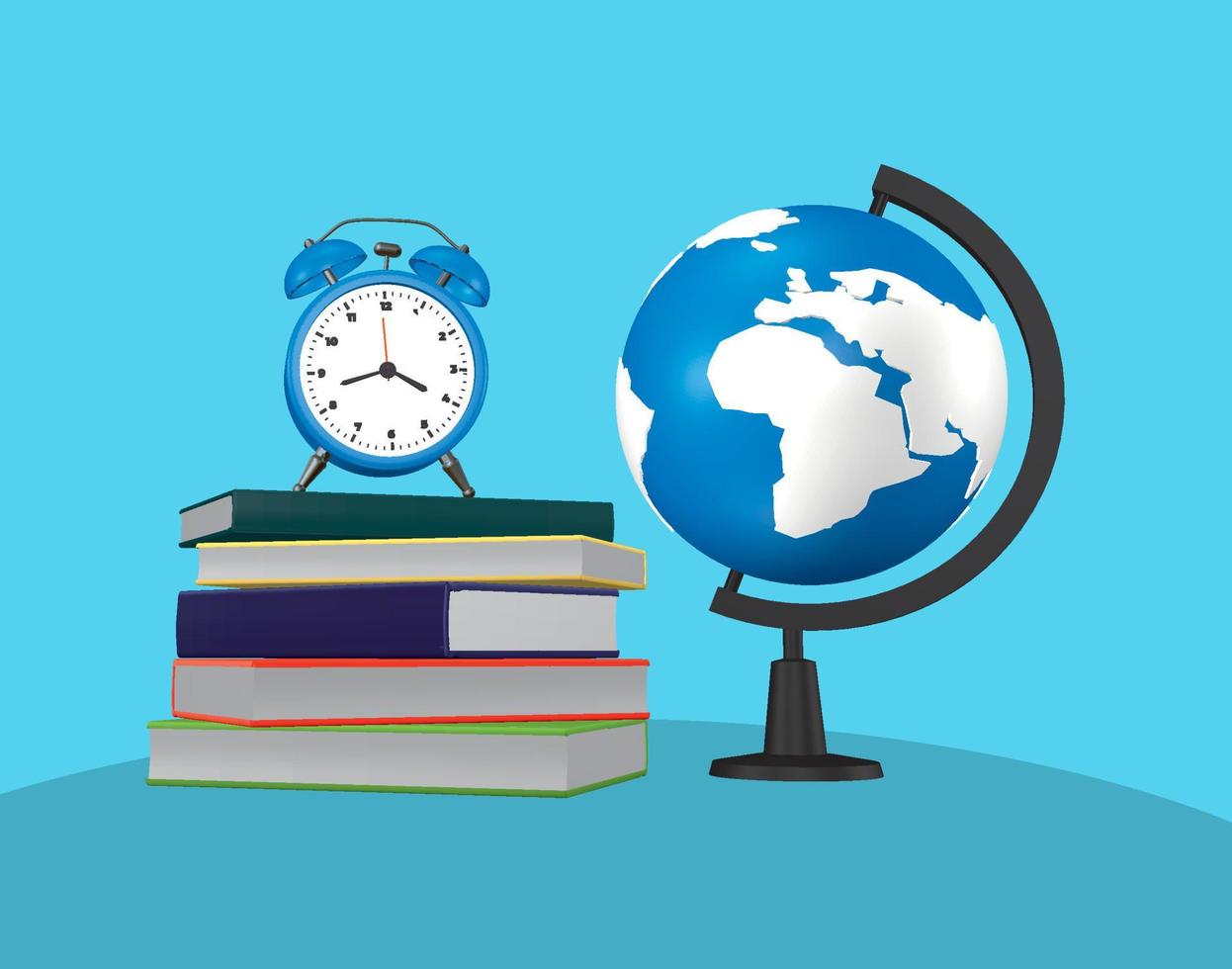 Back to school with stack of books, a globe, an alarm clock for Realistic 3d vector illustration