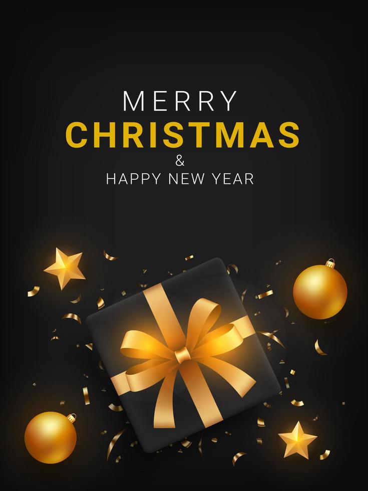 Merry Christmas greeting cards. Christmas background design with gift box, golden balls, star and confetti. Template for greeting card, poster, web banner or cover. Vector illustration