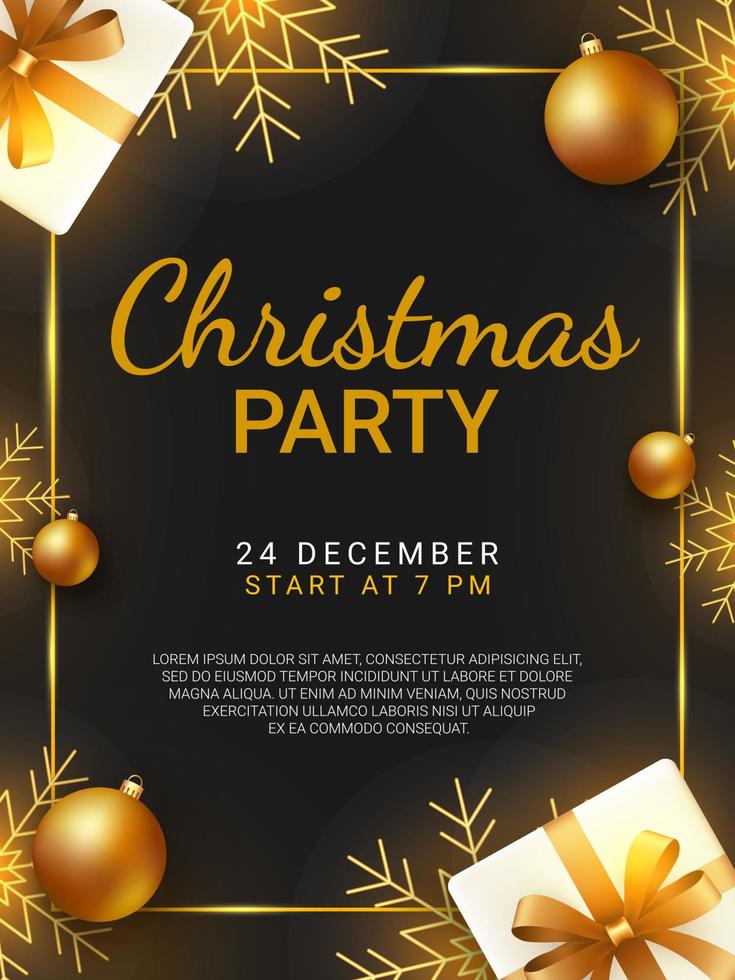Christmas party poster with golden shining ornaments. Christmas holiday card template on black background. Design for web banner, flyers, brochure and invitation. Vector illustration