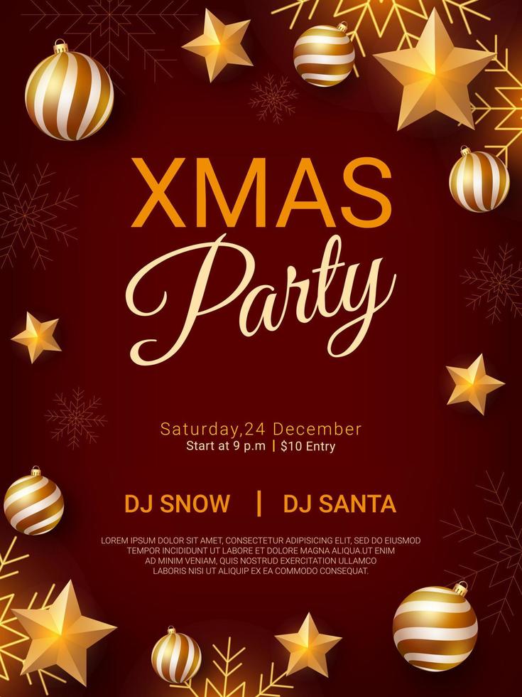 Christmas party poster with golden shining ornaments. Christmas holiday card template on red background. Design for web banner, flyers, brochure and invitation. Vector illustration