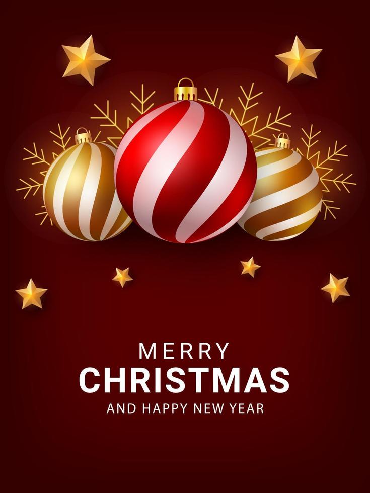 Tarjetas de felicitación de feliz navidad y año nuevo. diseño de fondo  navideño con adornos realistas, bolas y estrellas. plantilla para tarjeta de  felicitación, afiche, banner web o portada. ilustración vectorial 14995225