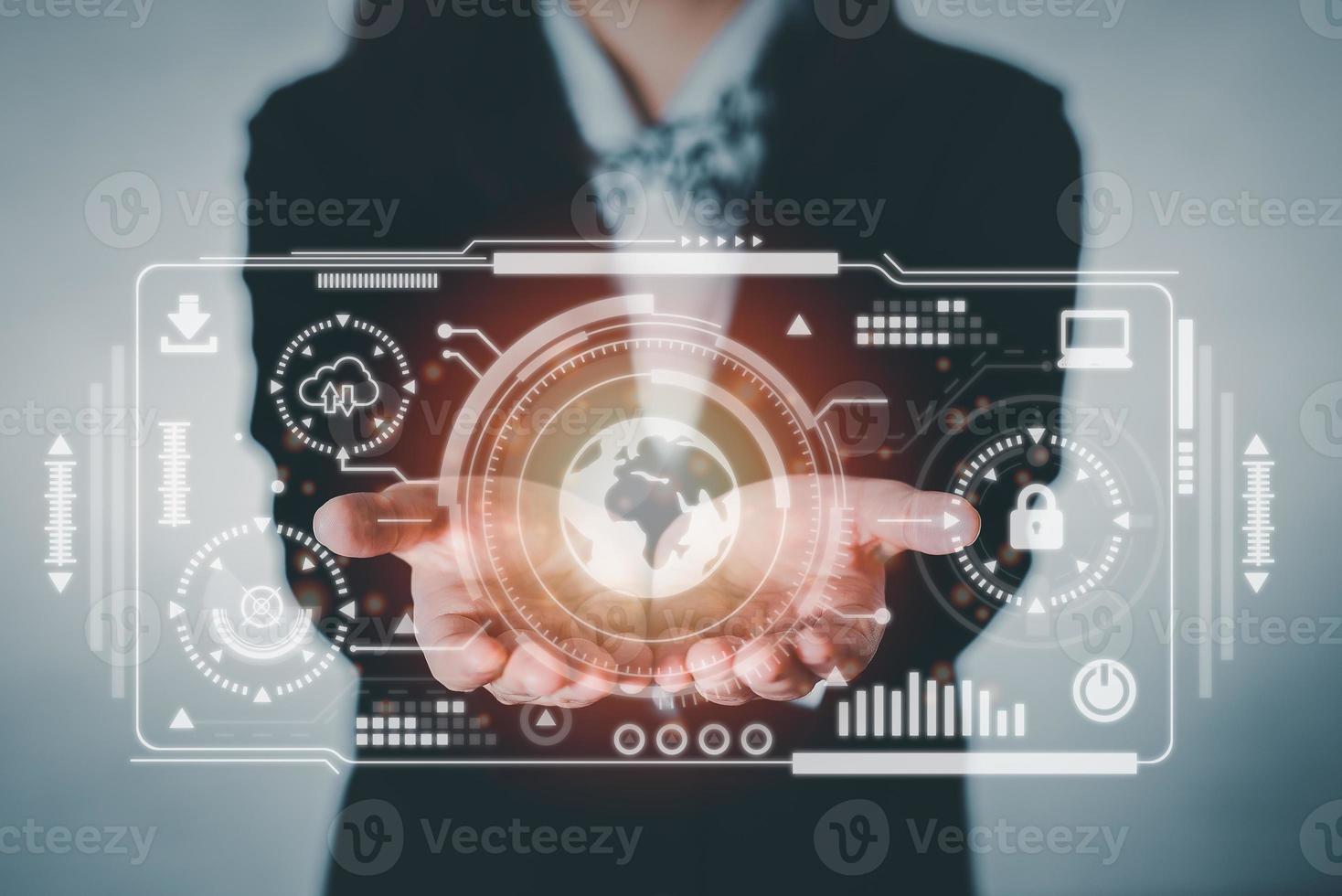 Business woman holding earth access on screen for search engine with cloud computing diagram security. Cloud technology. Data storage. Networking and internet service. Business technology concept. photo
