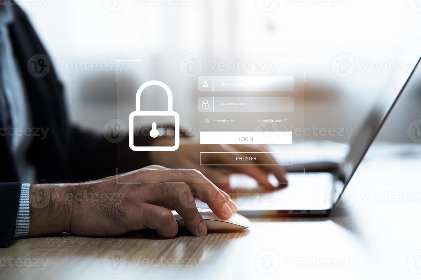 Business man working on laptop. Cybersecurity Global network security technology, business people protect personal information. Encryption padlock icon virtual interface. Business Technology concept. photo