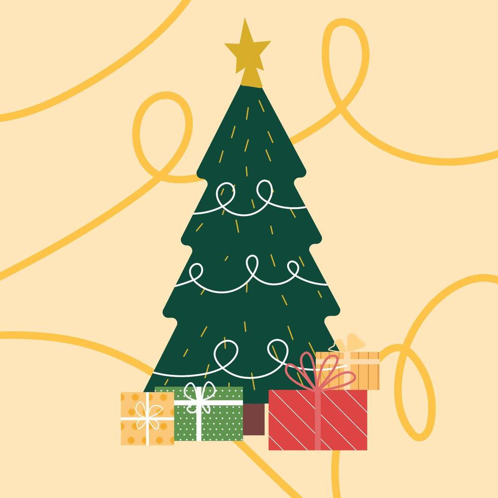Christmas season illustration concept. Christmas background with decorated tree and gift boxes. Colorful flat presents for holiday. Modern design. Christmas and New Year elements for decoration. vector