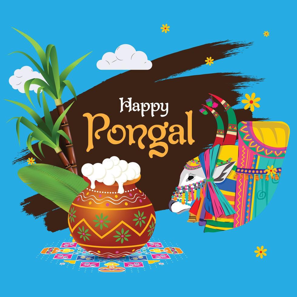 Happy Pongal vector illustration with festive elements like jallikattu, pongal, sugarcane, bana leaf and kolam