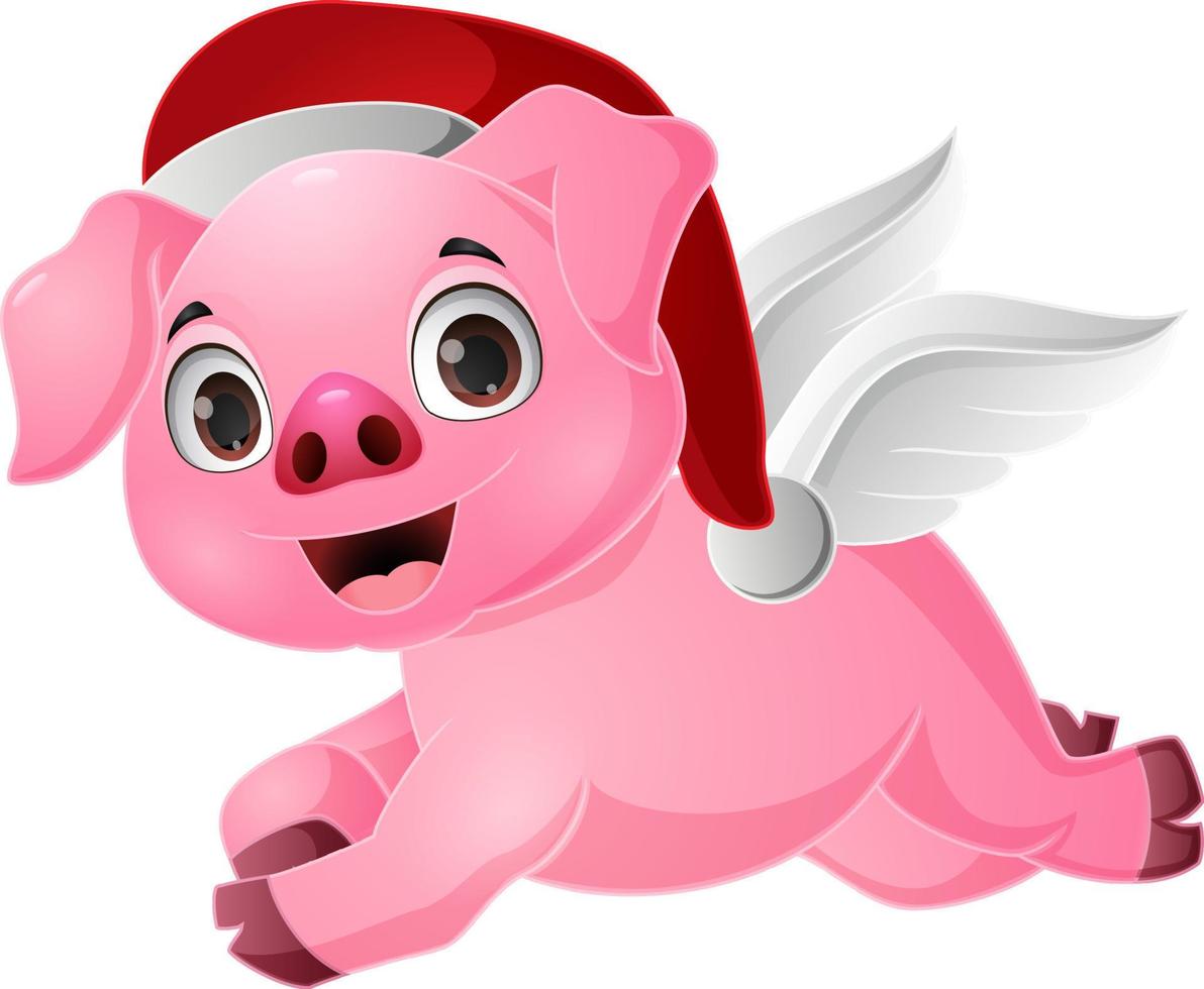 Winged pig wearing cute cartoon santa hat flying vector