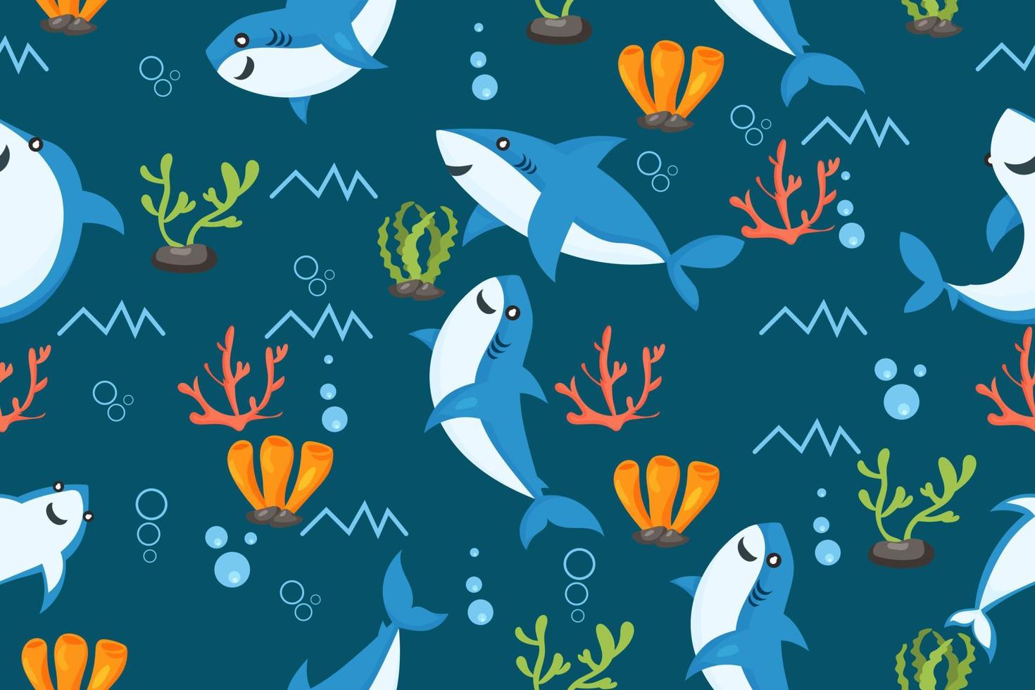 sharks pattern. cartoon shark, seaweed print. Sea wildlife, underwater world vector seamless texture