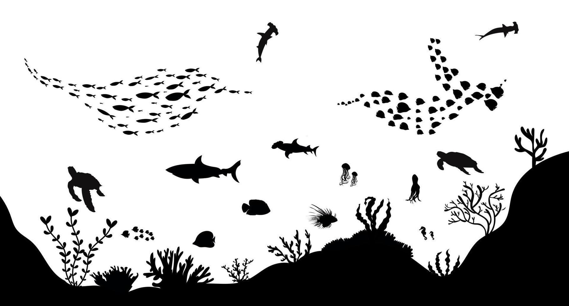 silhouette of coral reef with fish on white sea background underwater vector illustration