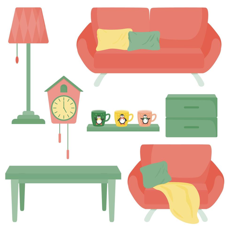 Living room furniture - sofa, armchair, coffee table, floor lamp, shelf, wall clock, pillows, plaid, cups. Vector illustration.