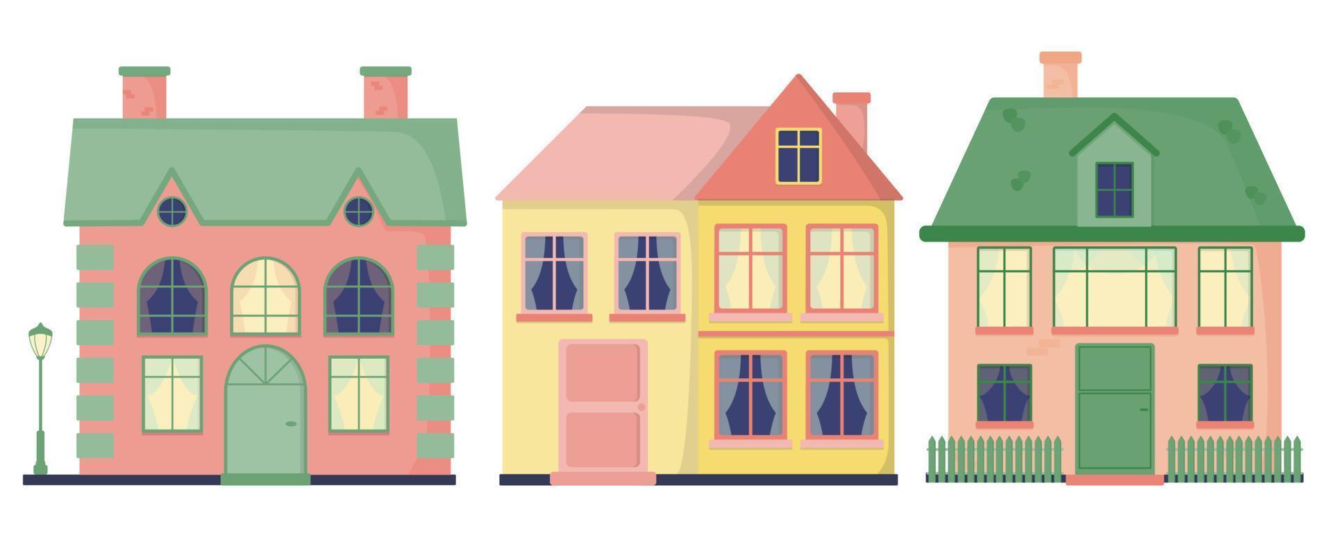 un conjunto de casas con ventanas, tejas, chimeneas. farola. valla. ilustración de vector plano de color aislado en un fondo blanco.