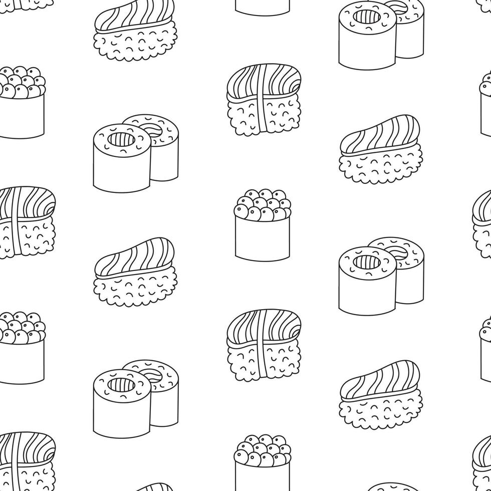 Seamless pattern background with sushi hand drawn doodles. Contour drawing, Simple line vector backdrop, print, wallpaper.