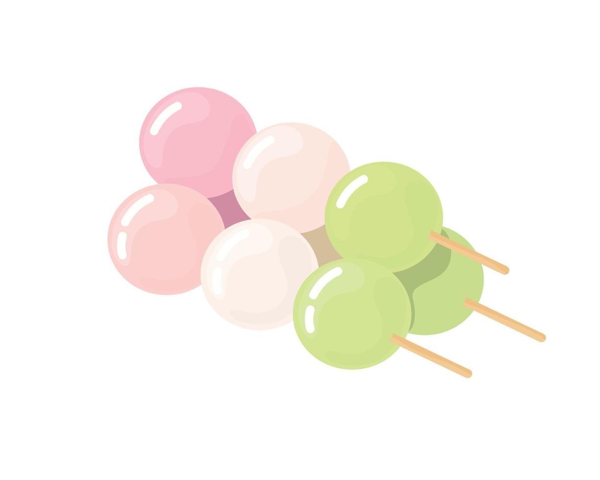Dango japanese sweet dumpling dessert. Pink, white, green 3 balls served on skewer. Asian food. Vector illustration, flat style isolated on white background