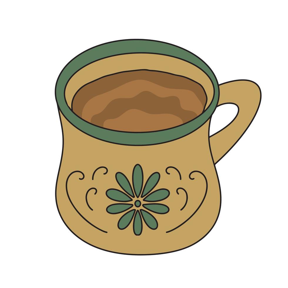 Champurrado chocolate based atole, a warm Mexican beverage. Latin American traditional drink in cute clay mug. Vector illustration isolated on white.