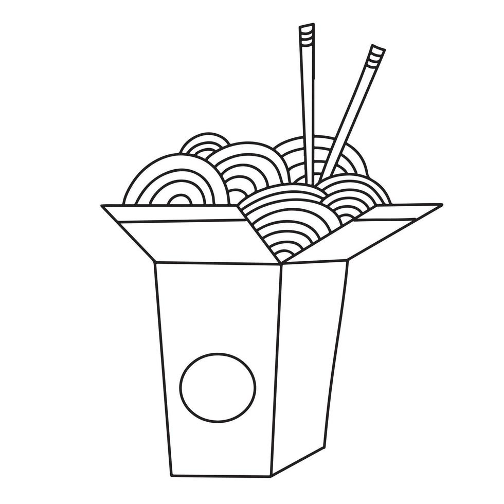 fideos wok tradicionales en caja de cartón para llevar con palillos. comida asiática. garabato de contorno, dibujo de contorno, página para colorear. ilustración vectorial aislado sobre fondo blanco vector