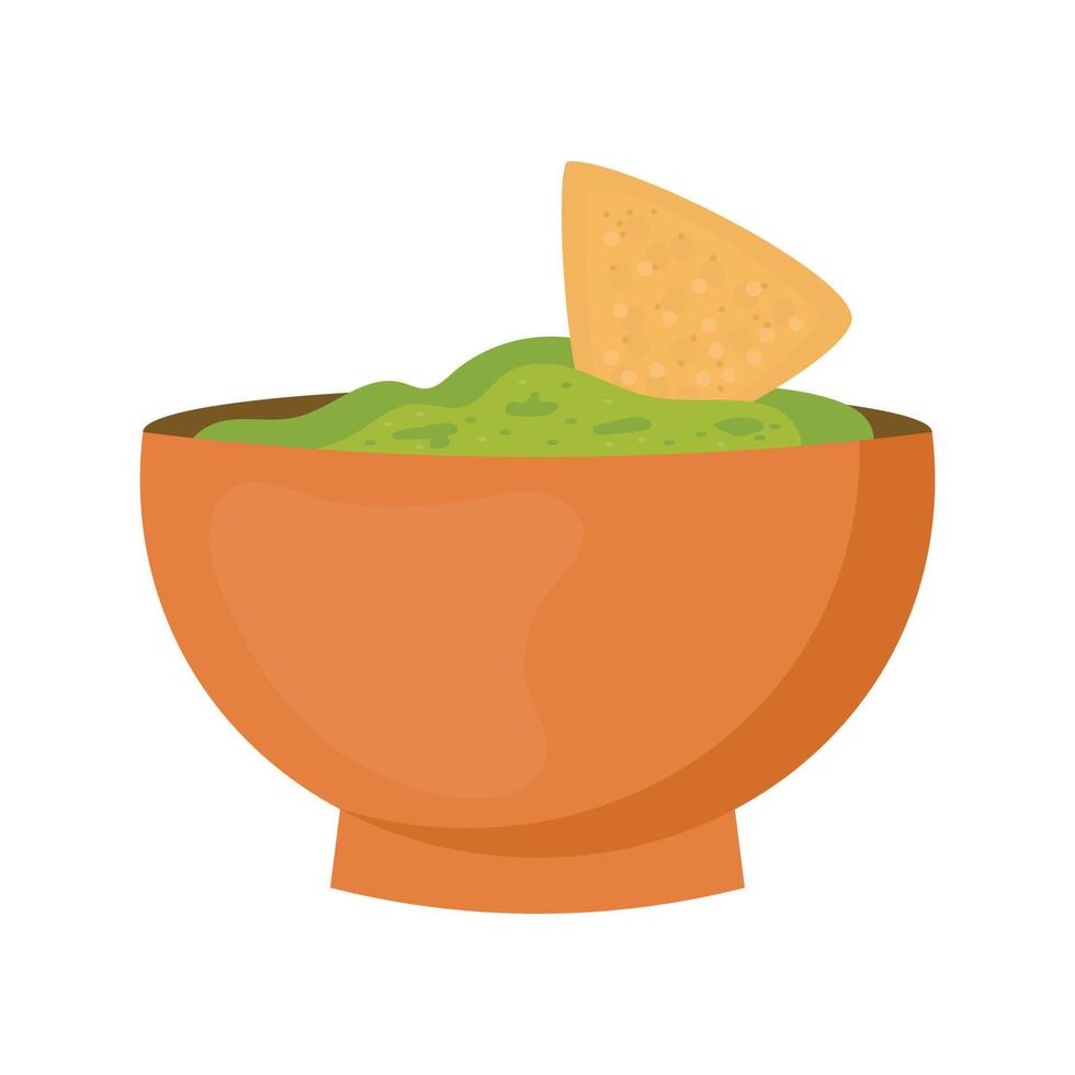 Guacamole with nachos - traditional Mexican latin american sauce made from avocado. Ceramic bowl with guacamole sauce and  tortilla chips. Vector flat illustration isolated