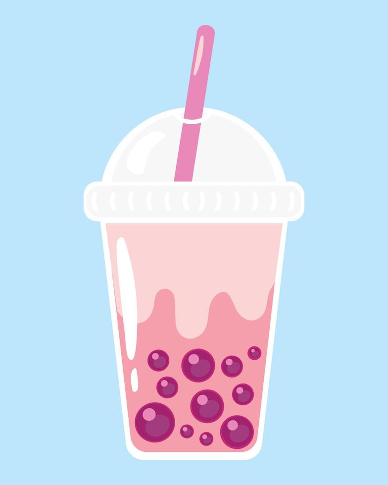 Bubble tea - or pearl boba milk tea - cute vector illustration in simple flat style isolated on white. Cute plastic cup with lid and straw and bright tapioca balls