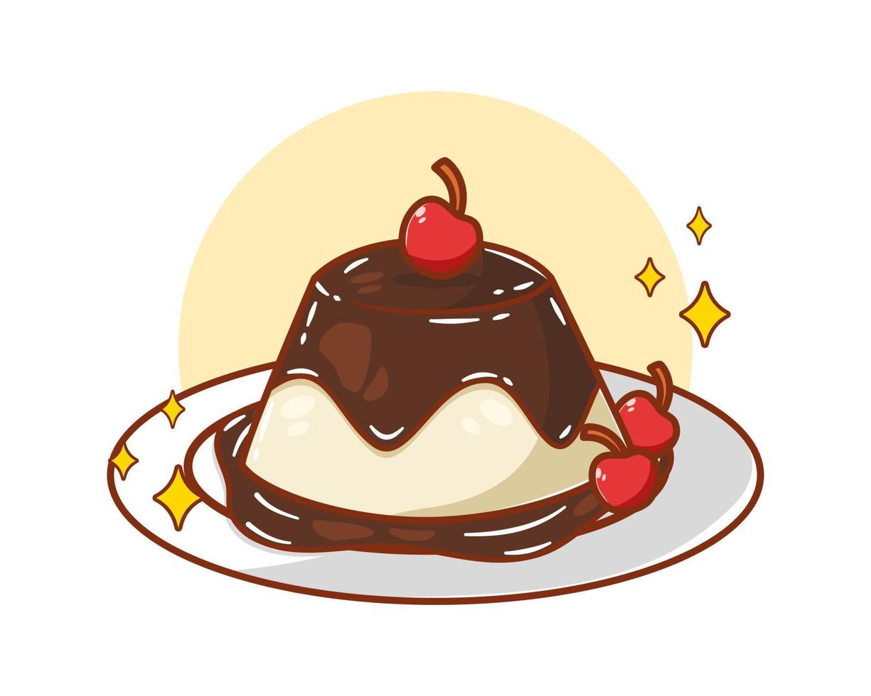 Cute chocolate pudding with cherry cartoon illustration vector