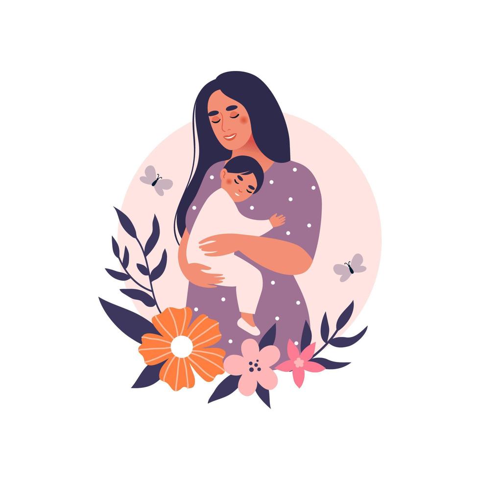 Woman with a newborn baby. Concept of pregnancy, family, motherhood. Flat vector illustration.