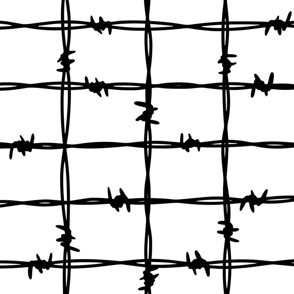 Barbwire cage fence background. Hand drawn vector illustration in sketch style. Design element for military, security, prison, slavery concepts