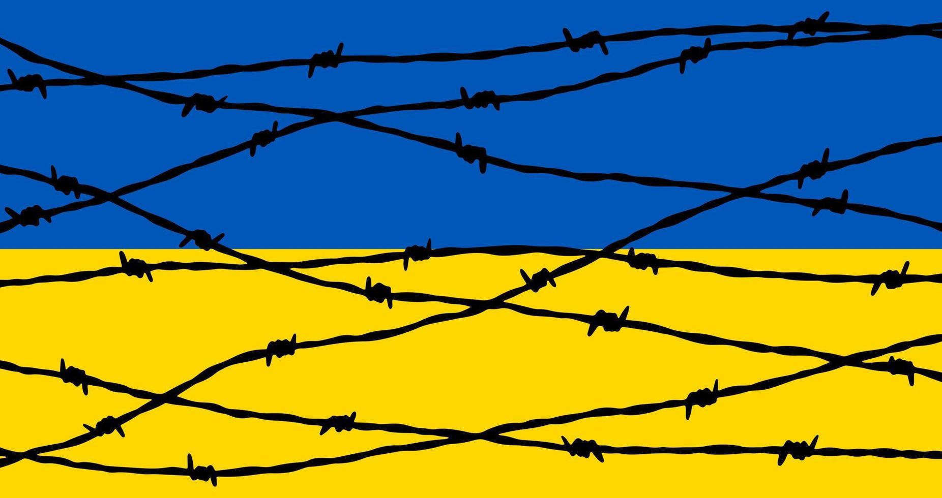 bandera ucraniana detrás de la cerca de alambre de púas. detener el concepto de guerra. Oren por Ucrania vector