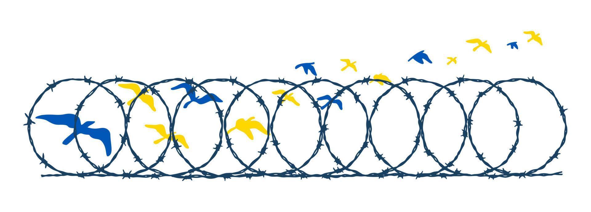 pájaros voladores en los colores de la bandera azul y amarilla ucraniana escapando de la cerca de alambre de púas. concepto de libertad. ilustración vectorial dibujada a mano. Oren por Ucrania vector