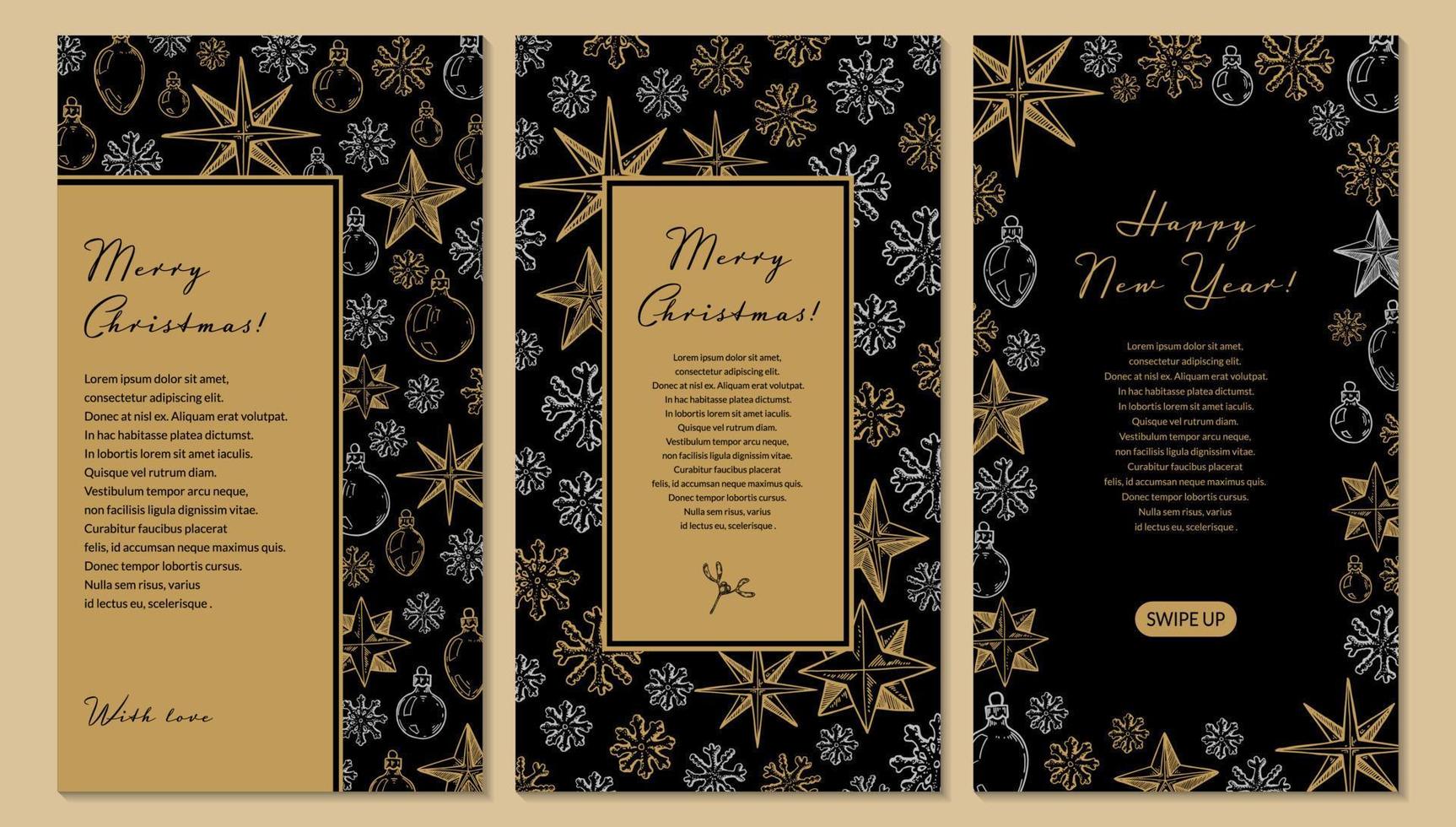 Set of Merry Christmas and Happy New Year vertical greeting cards with hand drawn golden five pointed stars and snowflakes. Vector illustration in sketch style. Social media stories template