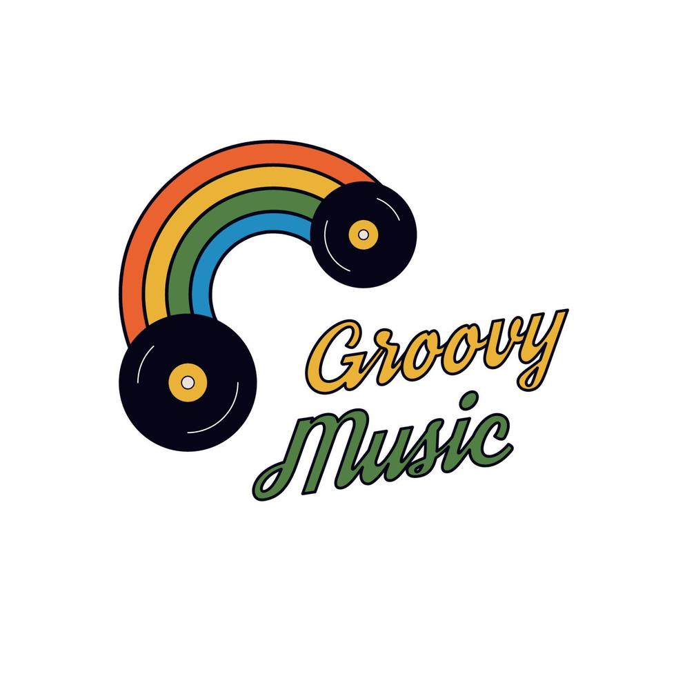 Retro poster print with vintage hippie colors on music theme. Groovy color banner with rainbow and records. Cute print art vector