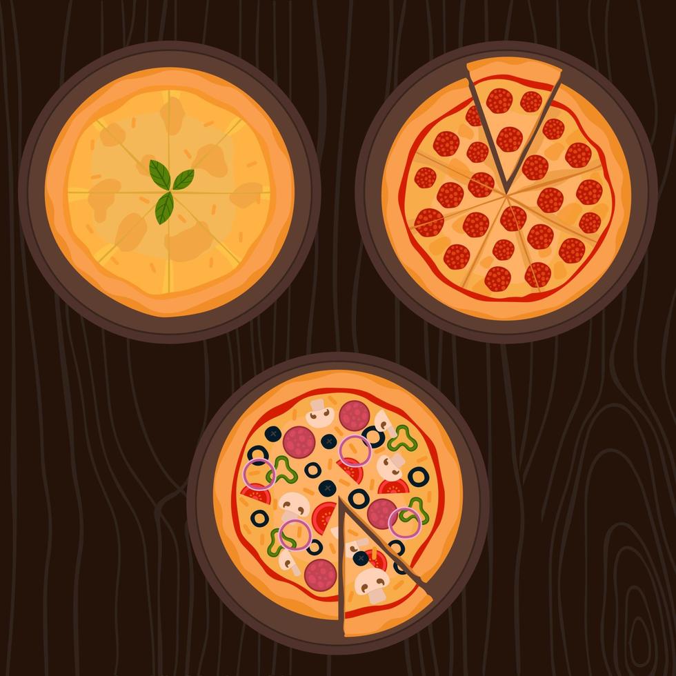 Tastes Of Pizza, Top View Of Cheese, Pepperoni and Assorted Pizza Vector Illustration In Flat Style