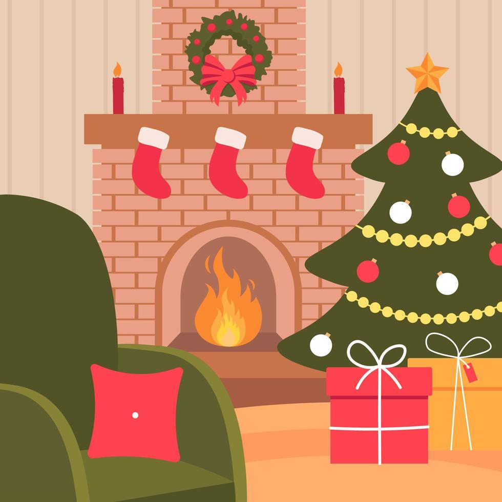 Cozy Christmas Interior With Fireplace In Pastel Colors Winter Vector Illustration In Flat Style
