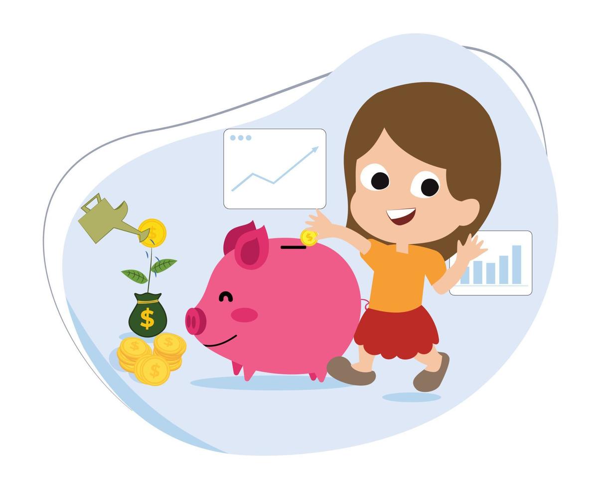 cartoon character kids learning to invest and save. girls save money in a piggy bank. children invest from childhood. simple investment concept vector