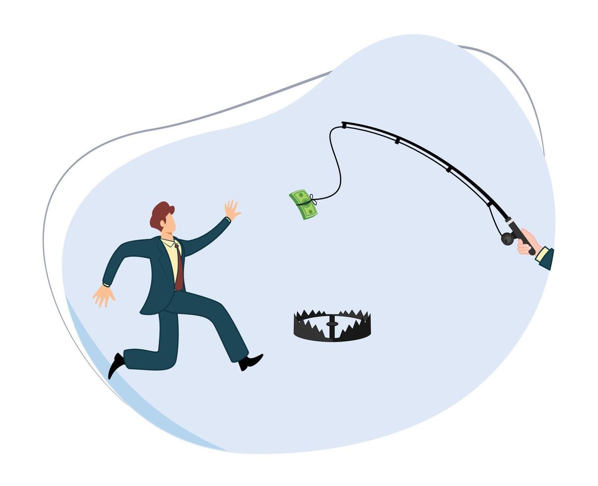Businessman chasing dollar hanging on fishing hook and trying to catch it. businessman played by money trap game. concept of people controlled by money. money fishing vector