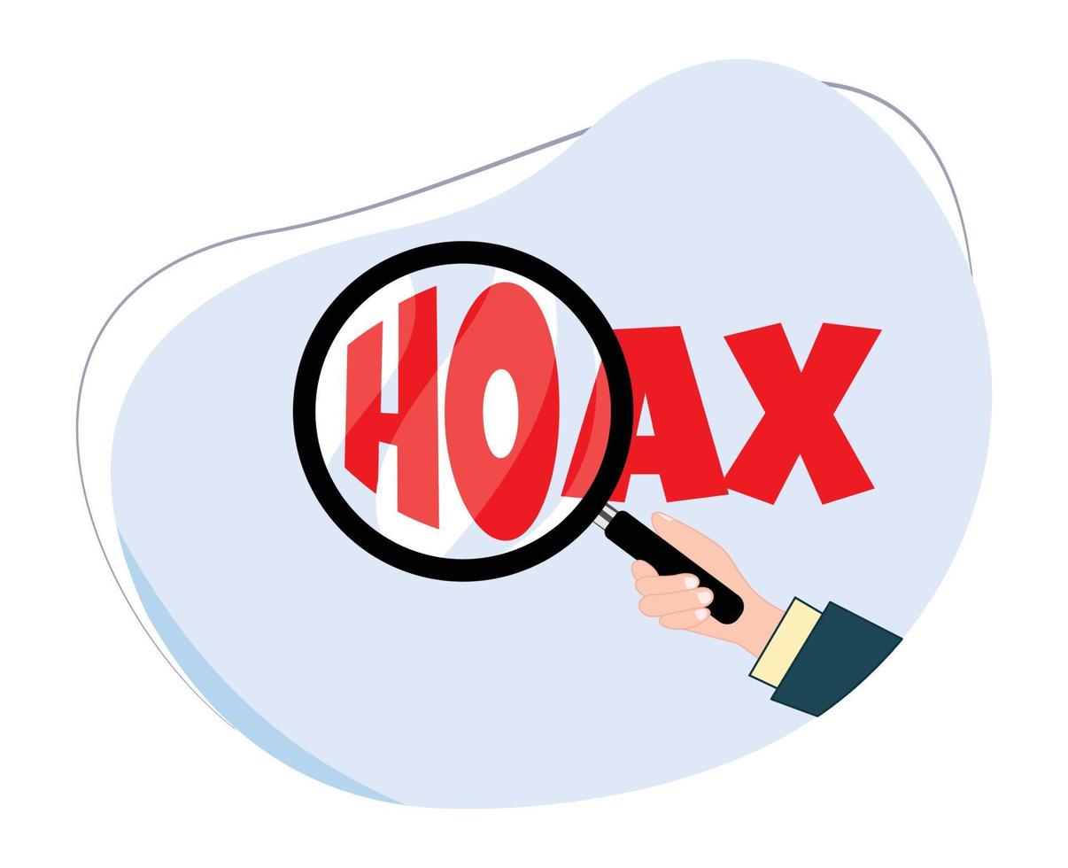 cartoon illustration hand holding magnifying glass with hoax inscription vector