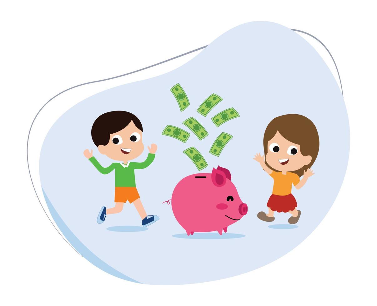 cartoon character of kids saving money in piggy bank. save for the kids. simple investment concept vector