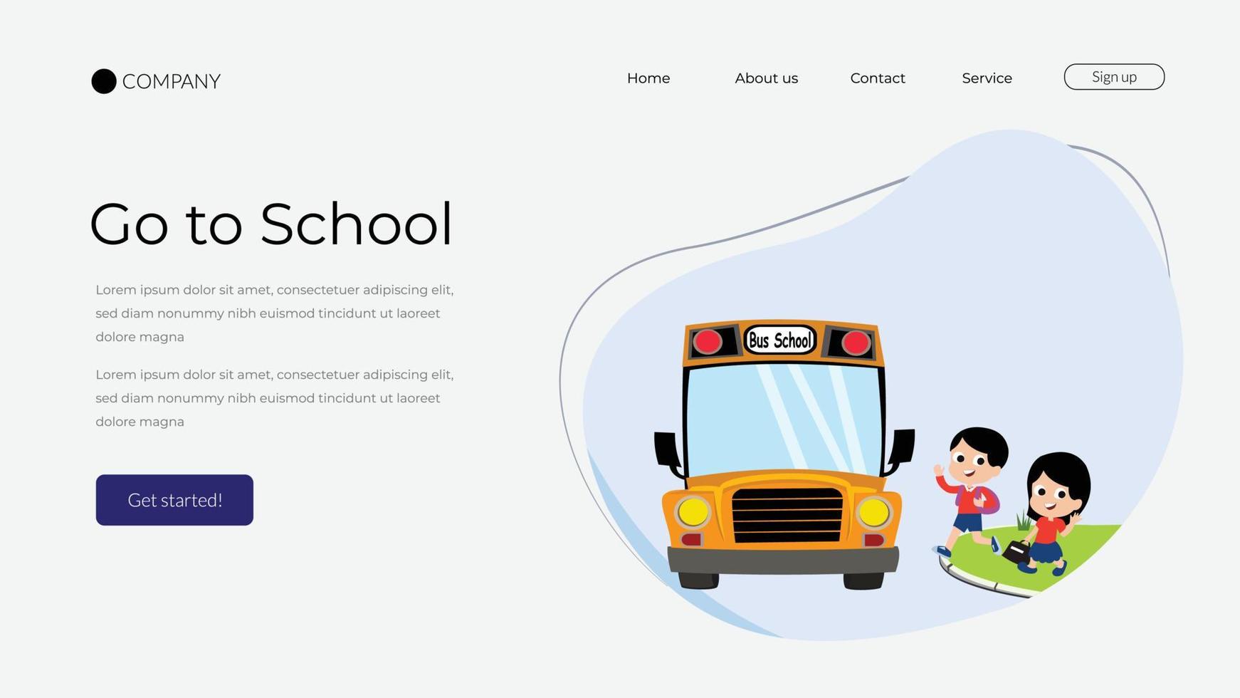 caricatura de escolares yendo en autobús escolar. sitio web de la página de inicio del sitio web para niños en edad escolar. página de inicio para el sitio web de la escuela vector