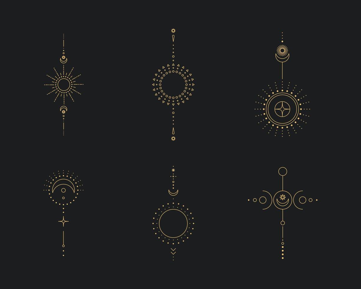 Set of moon and sun line art. Minimal boho linear symbols. Celestial mystic element. Vector line art illustration.