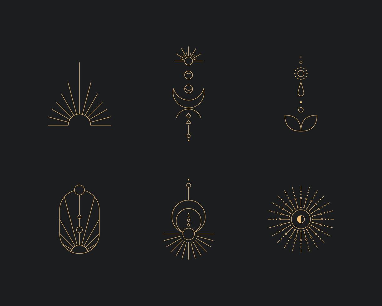 Set of moon and sun line art. Minimal boho linear symbols. Celestial mystic element. Vector line art illustration.