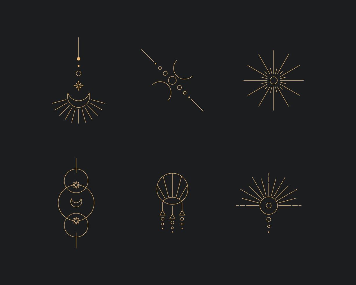 Set of moon and sun line art. Minimal boho linear symbols. Celestial mystic element. Vector line art illustration.