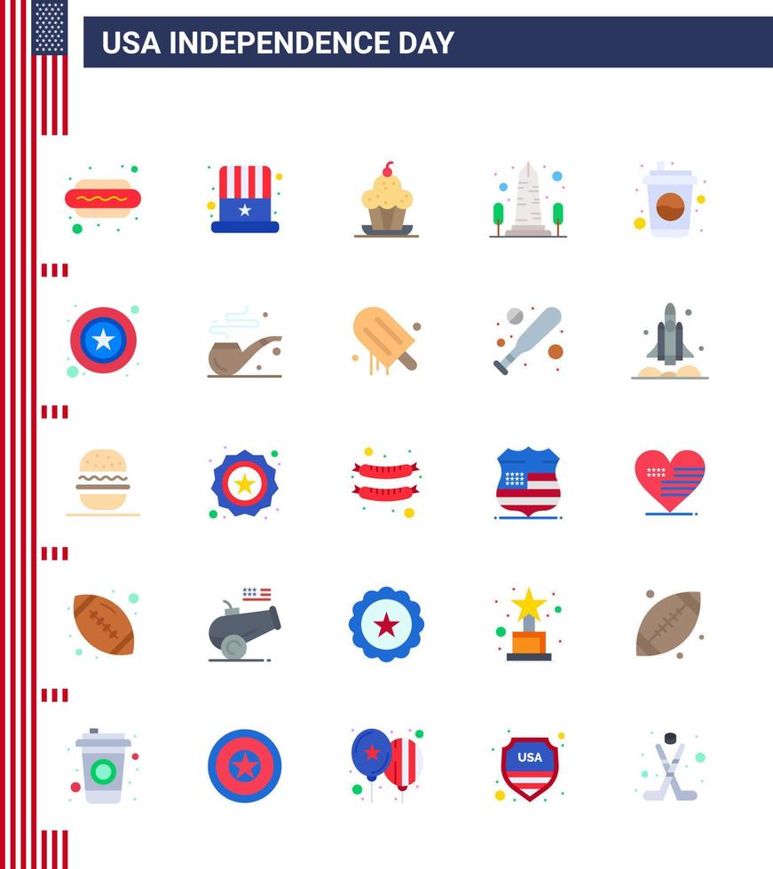 Happy Independence Day Pack of 25 Flats Signs and Symbols for washington sight cake monument thanksgiving Editable USA Day Vector Design Elements