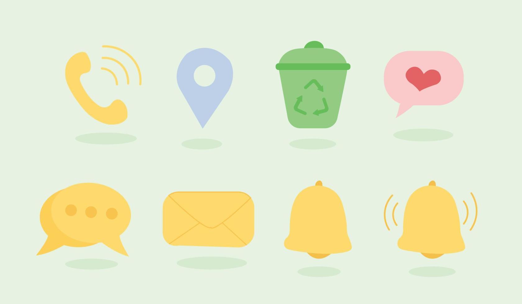 conjunto de coloridos iconos planos para necesidades básicas. notificación, celular, ubicación, mensaje, caja de basura. vector