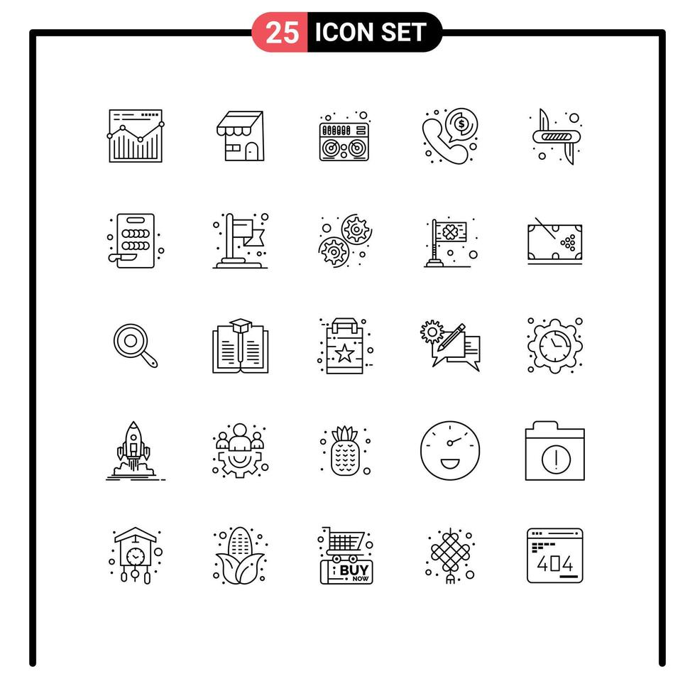 User Interface Pack of 25 Basic Lines of weapon knife midi investment payment Editable Vector Design Elements