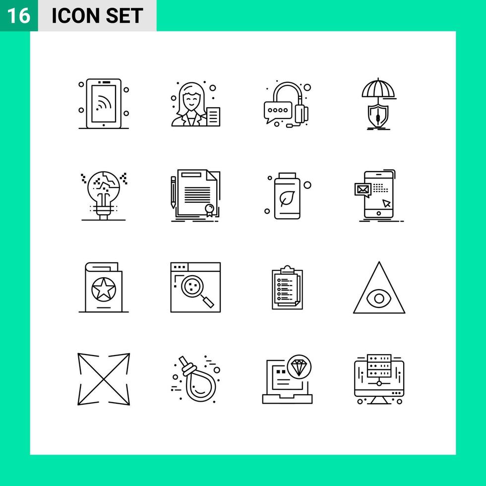 16 Universal Outlines Set for Web and Mobile Applications concept digital writer safety insurance Editable Vector Design Elements