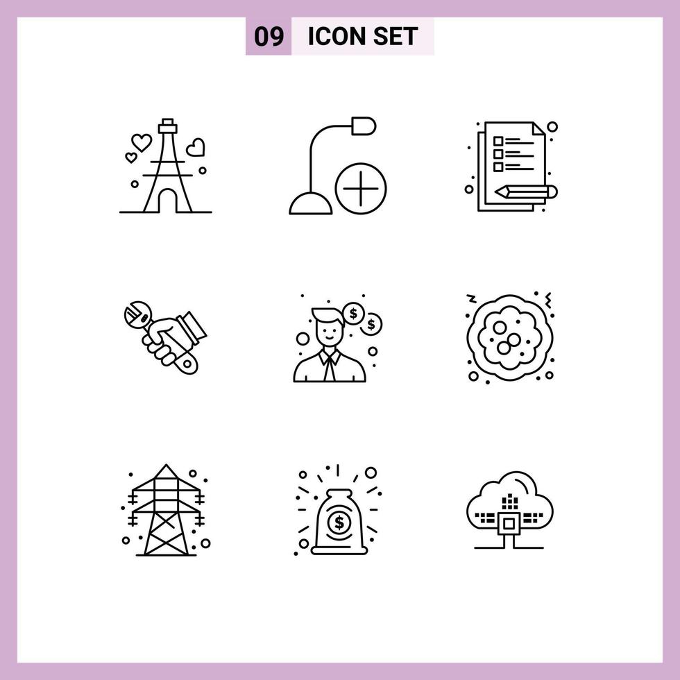 Group of 9 Modern Outlines Set for business tools hardware fix wrench Editable Vector Design Elements