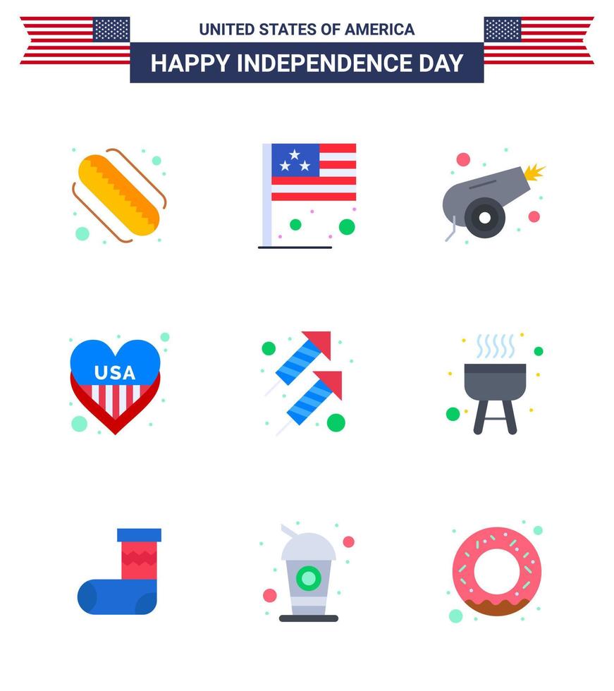 Modern Set of 9 Flats and symbols on USA Independence Day such as firework celebration canon usa heart Editable USA Day Vector Design Elements