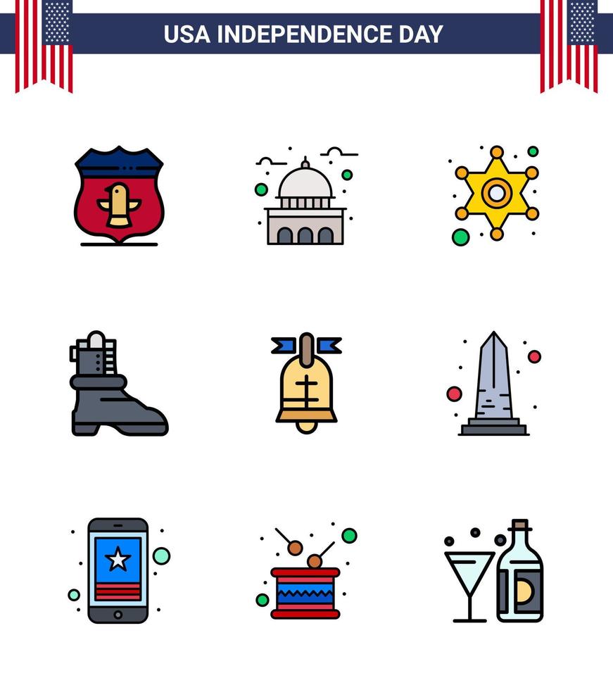 9 signos de línea plana llena de estados unidos símbolos de celebración del día de la independencia del anillo signo de policía de bota blanca americana elementos de diseño vectorial editables del día de estados unidos vector