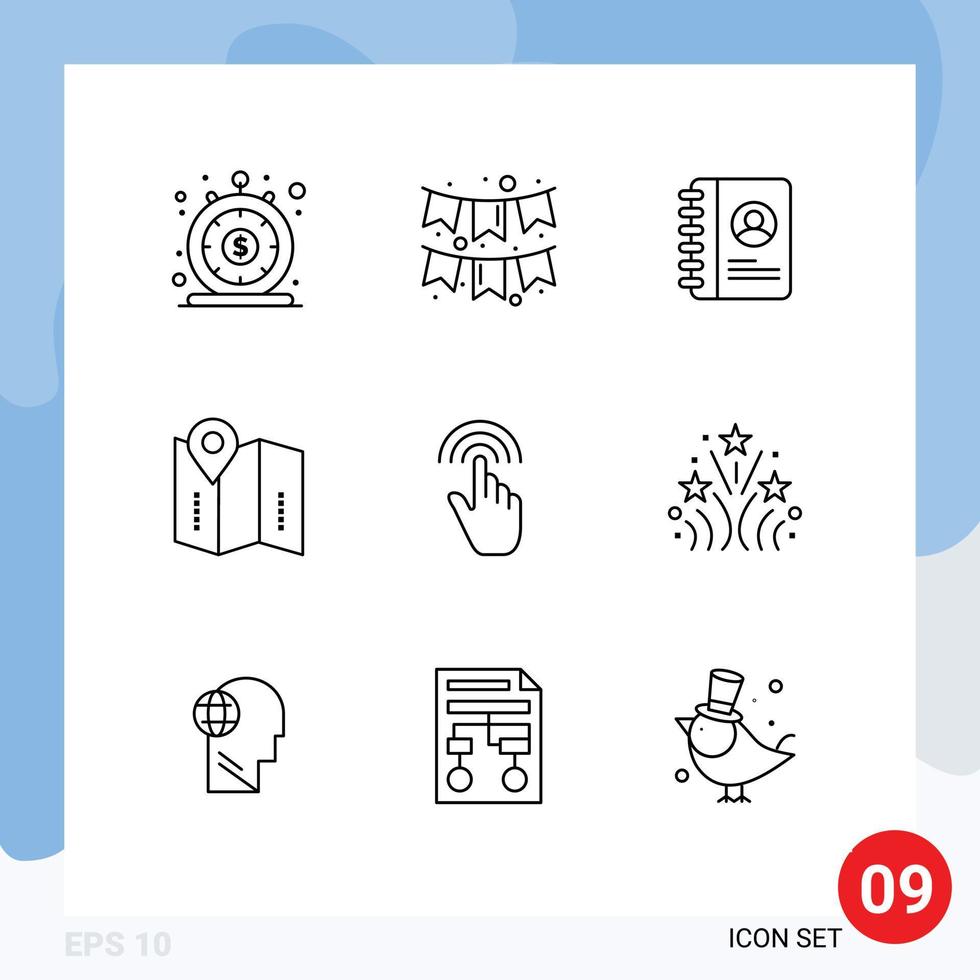 Mobile Interface Outline Set of 9 Pictograms of gestures location garlands directions map Editable Vector Design Elements
