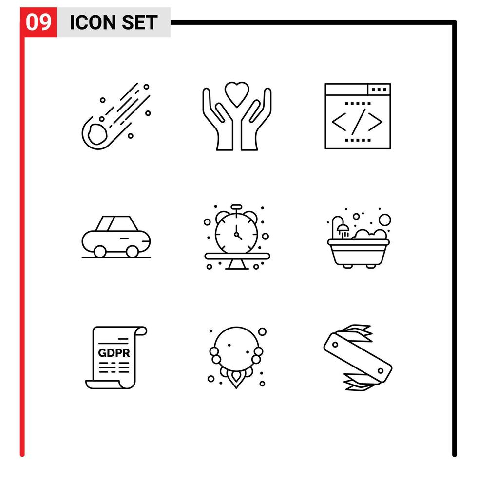 Universal Icon Symbols Group of 9 Modern Outlines of time schedule engine clock car Editable Vector Design Elements
